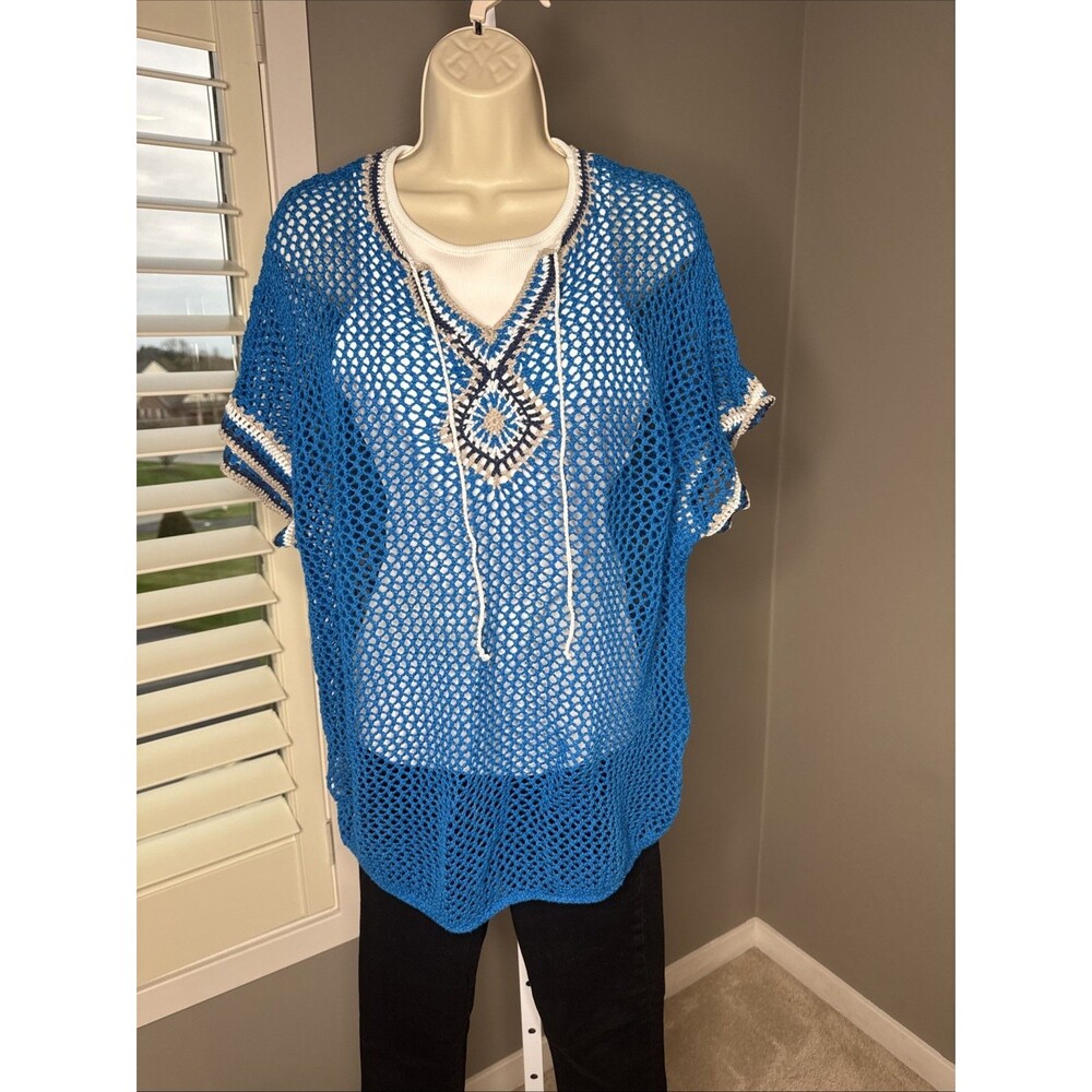 Tommy Bahama Linen Blend Crochet Medium Sweater Loose Knit Blue Summer Spring M